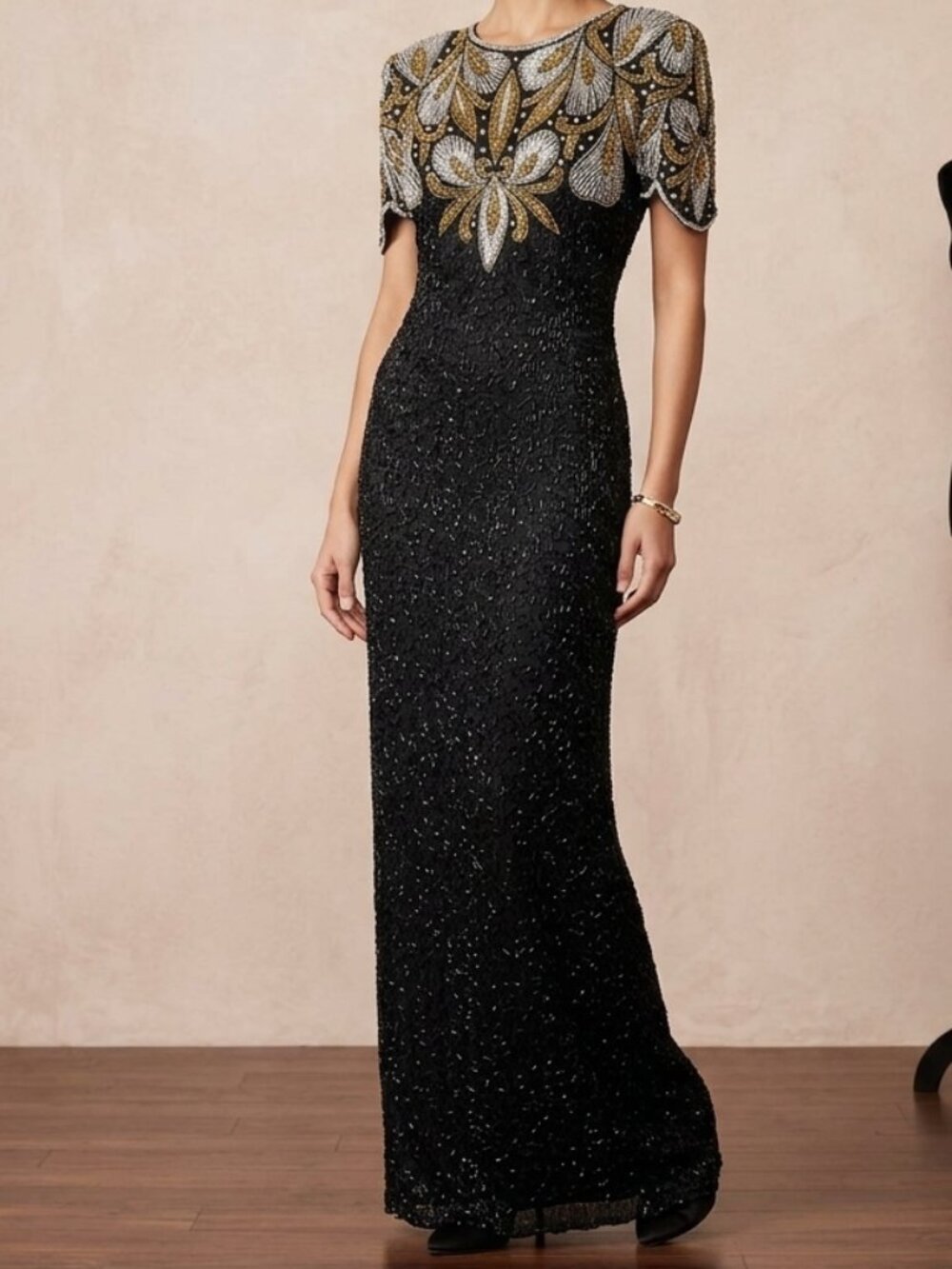 VTG Laurence Kazar Silk Beaded Gown 80s Art Deco Gatsby Gold Sequin Dress S